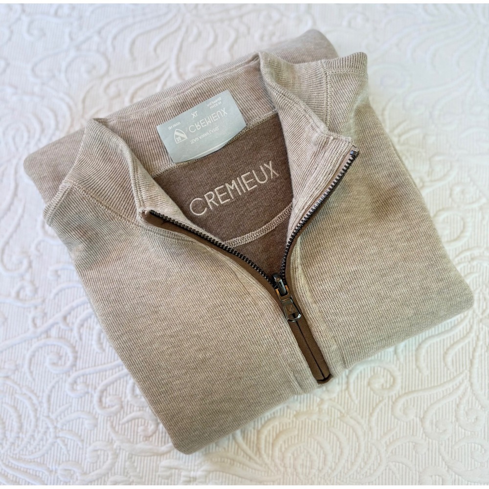 NWOT Cremieux Mens XL Beige Marled Quarter Zip Pullover Faux Suede Elbow Patches